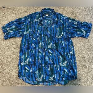 Sub Studio Blue and Green Patterned Men's Shirt 100% Silk Medium